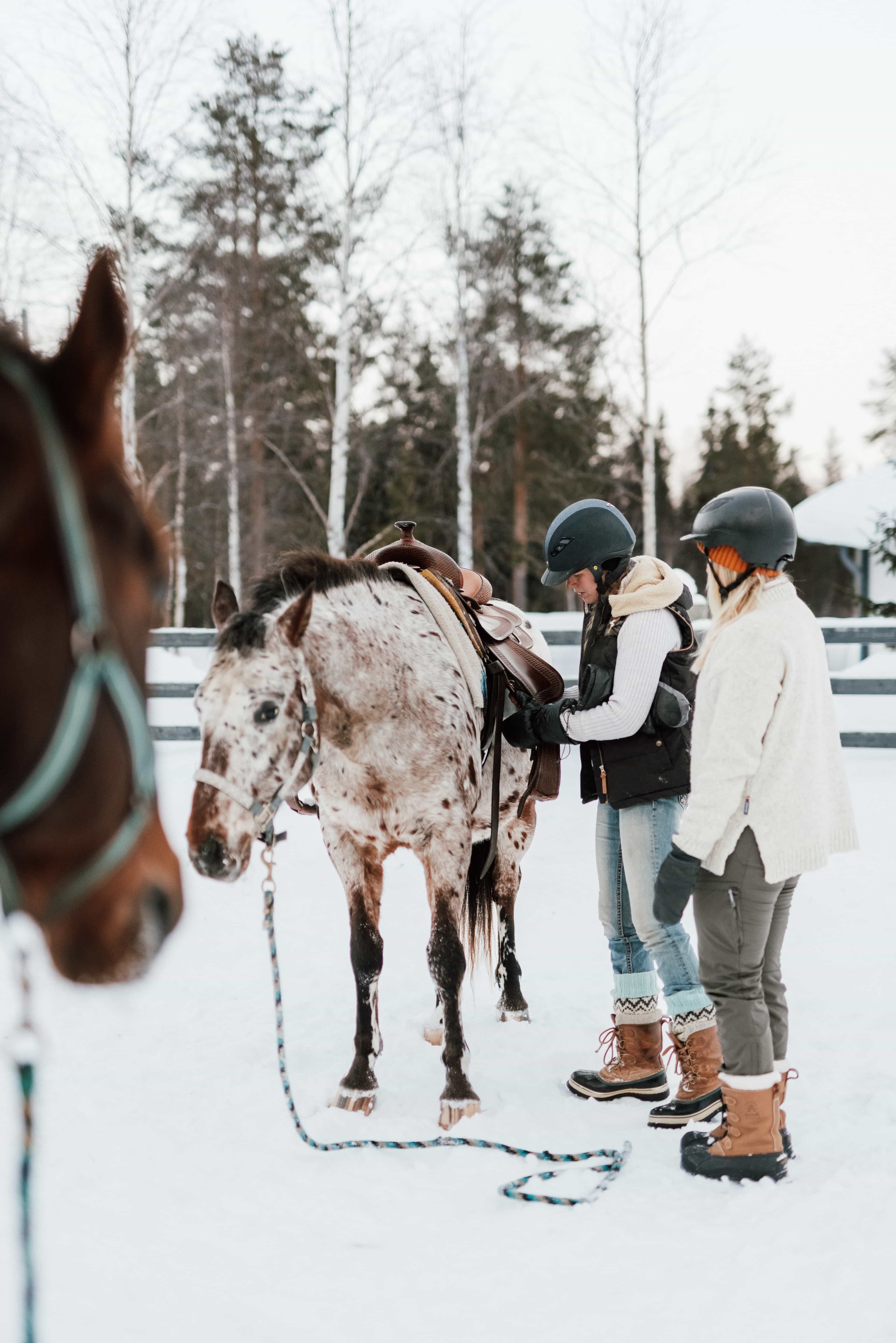 Horse riding through snowy winter landscape