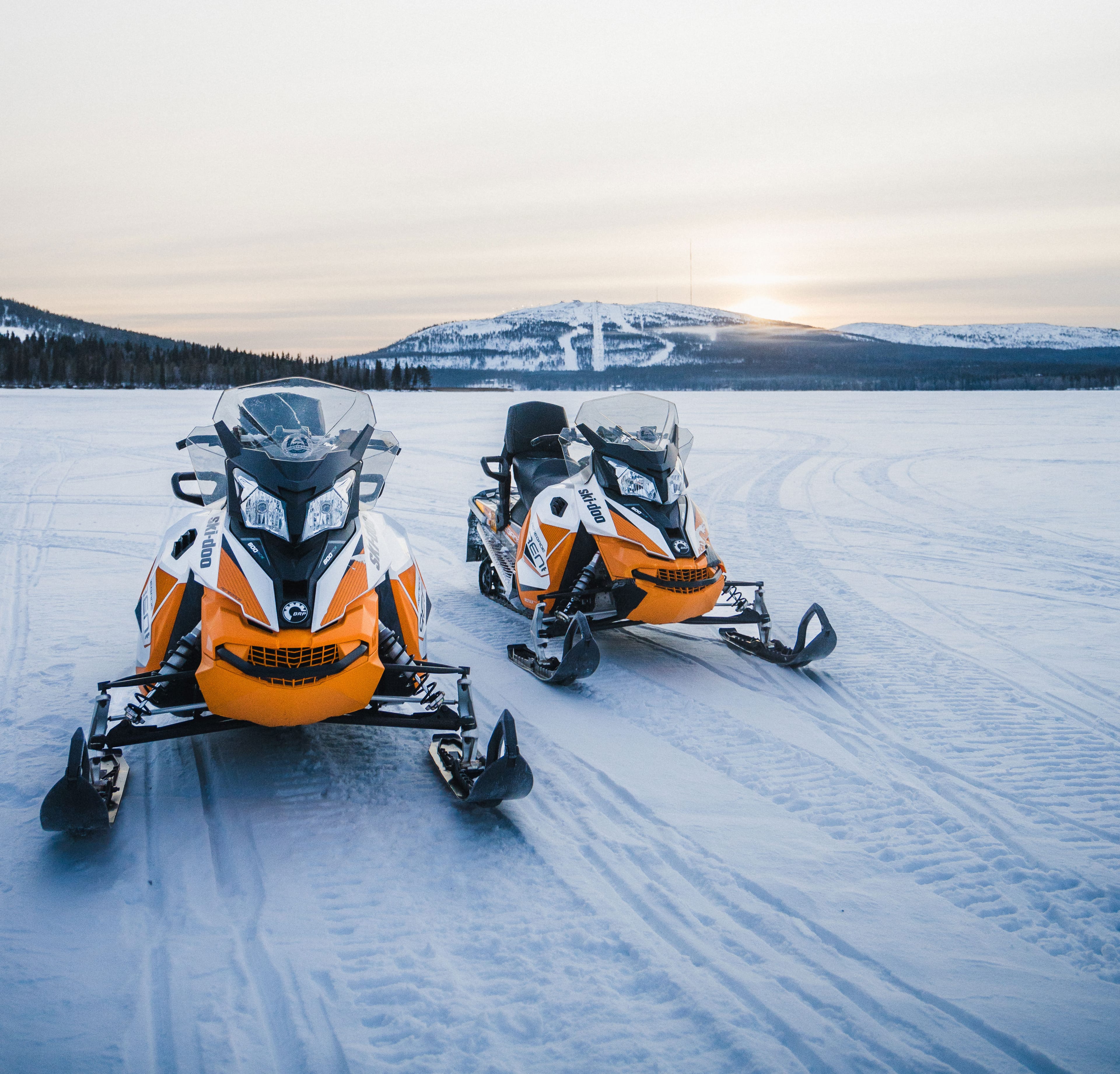 Group of snowmobiles in winter landscape